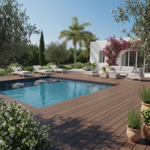 Brown composite decking beside swimming pool in Cyprus

