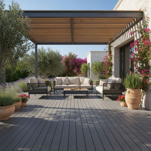 Charcoal composite decking with pergola in Cyprus garden
